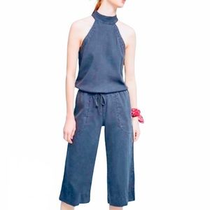Cloth & Stone Bella Dahl Denim Wide Leg Jumpsuit Raw Hem High Neck Halter Romper